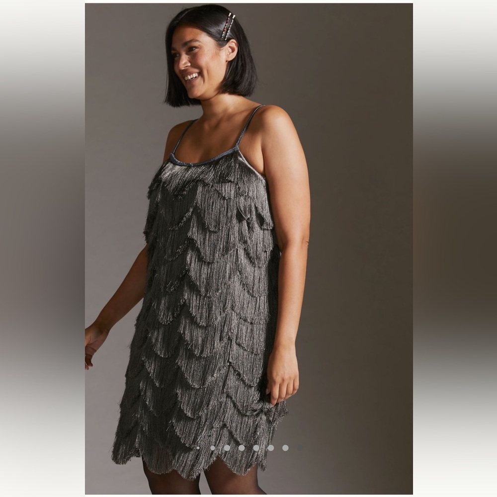 Pankaj & Nidhi from Anthropologie, Slate Grey Fringed Mini.  Size 1X.  NWT